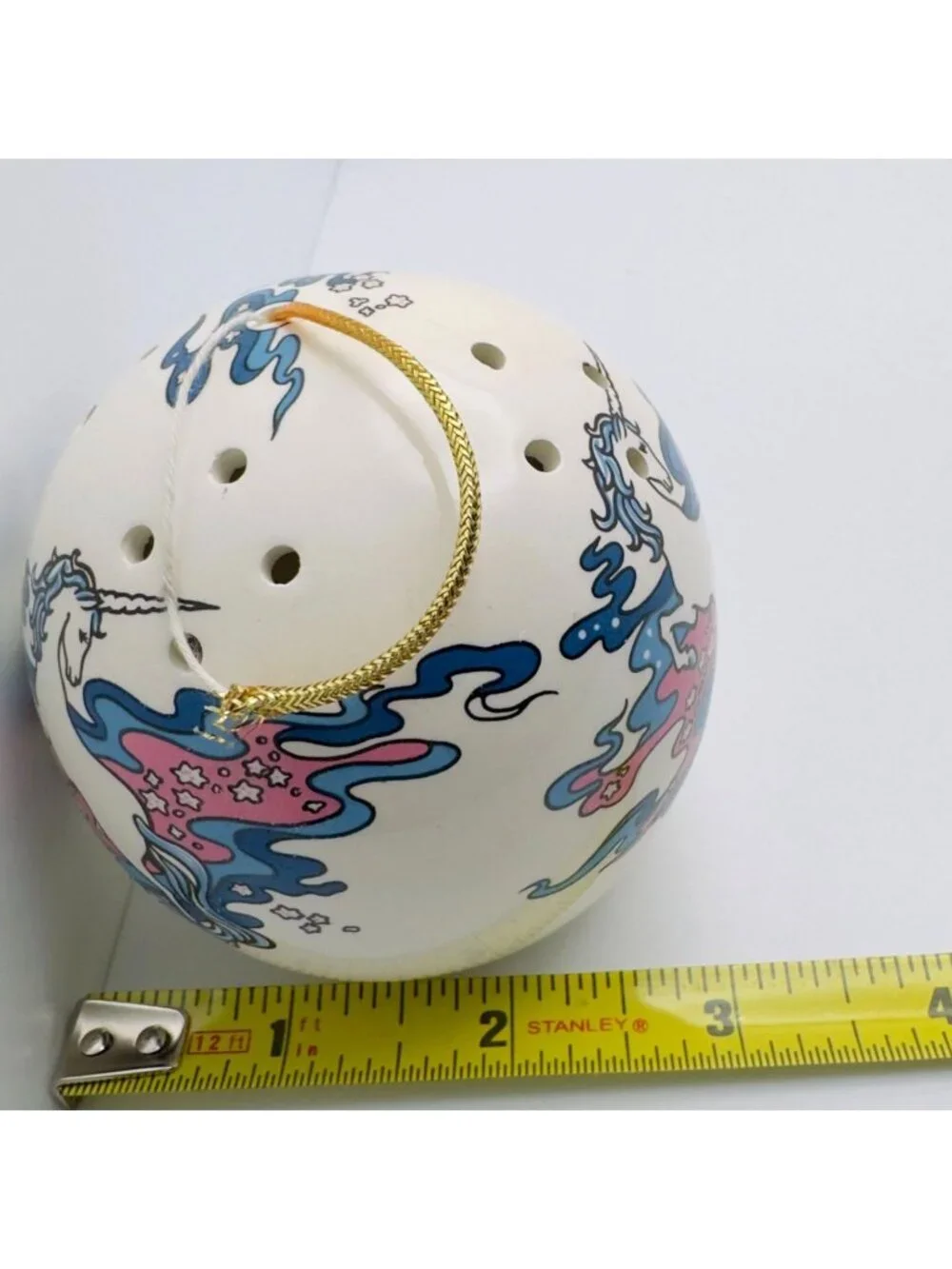 Unicorn Hand-Painted Ceramic Potpourri Ball Vtg Ornament Retro 1980s Fantasy 3